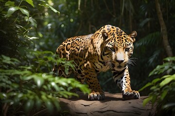 A majestic jaguar prowling through the lush greenery of the Amazon rainforest, its sleek coat glistening in the dappled sunlight.