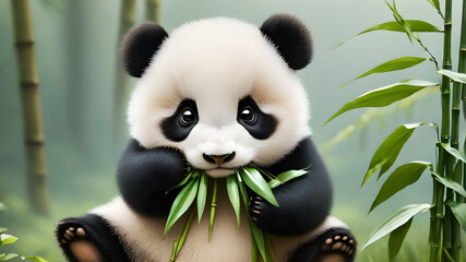 Cute panda munches on bamboo in its natural habitat, China - obrazy, fototapety, plakaty