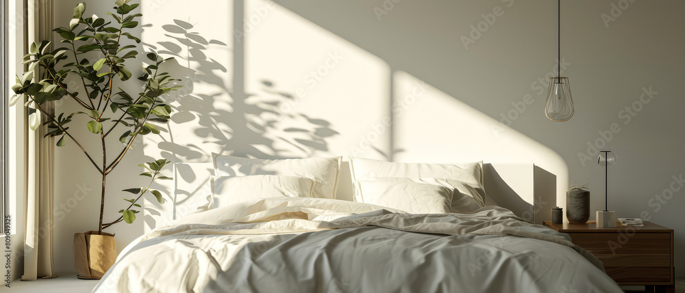 Canvas Prints modern, contemporary bedroom interior mockup with furniture, lamp, decor. sunlight shadow effect. lu