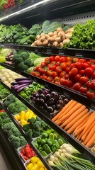 vegetables and healthy foods arranged on market shelves