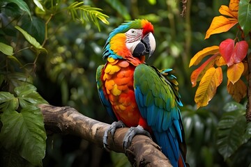 A colorful macaw perched on a branch, its vibrant feathers contrasting against the deep emerald leaves of the Amazonian trees.