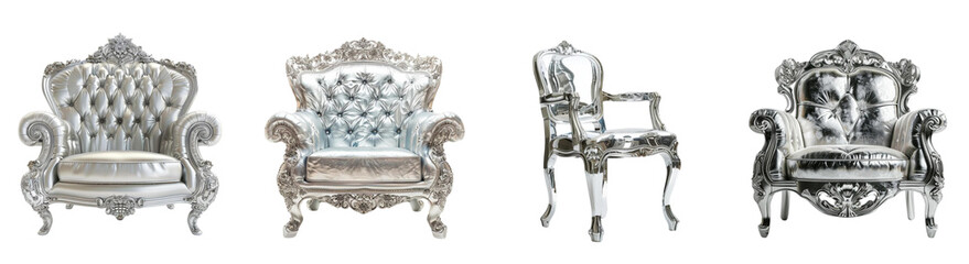 Set of silver chair on a transparent background, in the style of contrasting shadows, realistic figures, anti-gloss, soft realism, contest winner, subtle tonal values, toy-like proportions