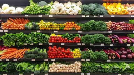 vegetables and healthy foods arranged on market shelves