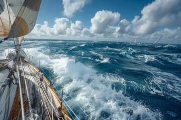 An exciting image capturing a sailing boat on the open sea, navigating through towering waves under...