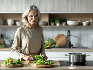 Mature Beautiful Woman is Cooking Healthy Food in her Modern Light Scandinavian Style Kitchen.