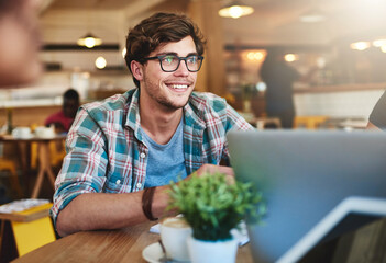 Man, university student and smile with laptop at cafe on campus to study for exams, test and...