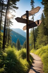 wooden signboard with directions on the edge of a mountain road. generative ai