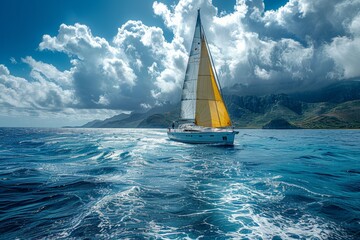 Captivating image of a sailing yacht with yellow sails afloat in the blue sea against a mountainous backdrop, evoking freedom and tranquility