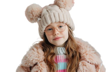 portrait of teen girl wearing fur coat, ear warmers and glasses, holding birthday balloons for party on isolated transparent background