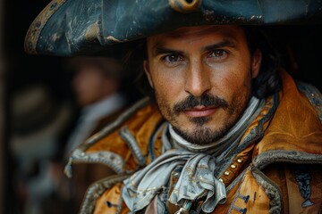 Detailed portrait of a man dressed in elaborate historical attire, reminiscent of a period drama scene