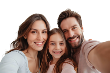 Photo of adorable family portrait people cuddle small daughter take selfie on isolated transparent background
