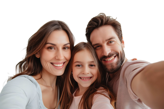 Photo of adorable family portrait people cuddle small daughter take selfie on isolated transparent background