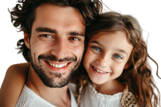 Photo of adorable family portrait people cuddle small daughter take selfie on isolated transparent background