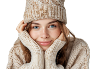 woman in christmas mittens looking away on isolated transparent background