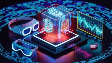 technology virtual reality blockchain neon cube data stream background