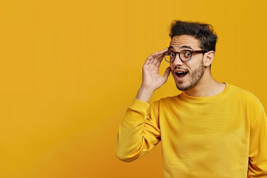 Surprised young man in yellow sweater expressing astonishment against vibrant orange background