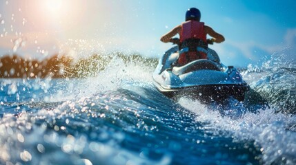 Naklejka premium A person actively riding a jet ski in the vast ocean, creating splashes of water in their wake.