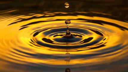 Water droplet creating ripples in golden sunset light