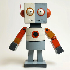 Colorful wooden toy robot with red, orange, and white color scheme on white background