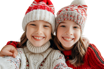 Photo of two positive kids relatives hug take selfie beaming smile wear xmas hat jumper on isolated transparent background