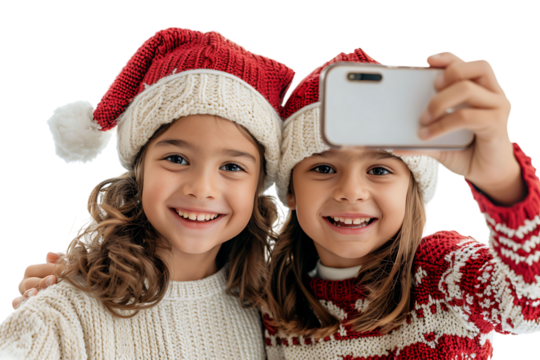 Photo of two positive kids relatives hug take selfie beaming smile wear xmas hat jumper on isolated transparent background
