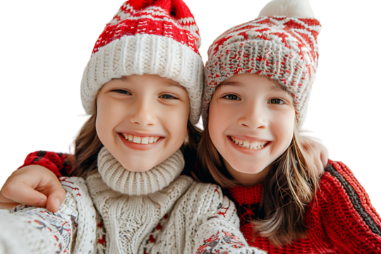 Photo of two positive kids relatives hug take selfie beaming smile wear xmas hat jumper on isolated transparent background