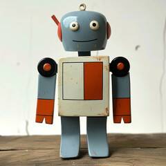 Vintage Toy Robot on Patriotic Wooden Table with Red, White, and Blue Color Scheme