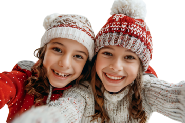 Photo of two positive kids relatives hug take selfie beaming smile wear xmas hat jumper on isolated transparent background