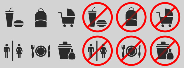 Food court sign boards on vector transparent background bags allowed or prohibited eating on site children on laps baby stroller backpacks snacks bathroom men's toilet women's trash can and recycling