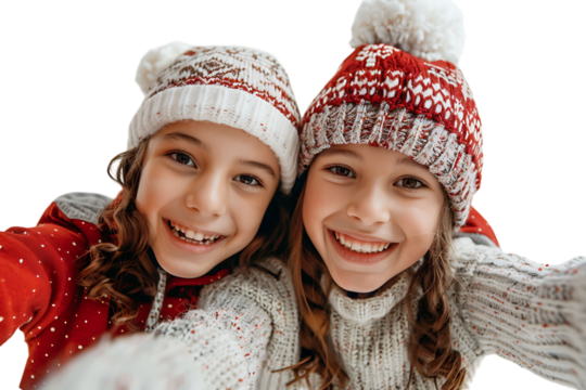 Photo of two positive kids relatives hug take selfie beaming smile wear xmas hat jumper on isolated transparent background