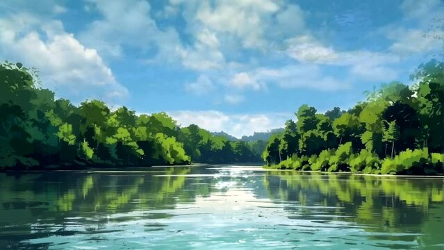 landscape with mountains, forest and river in front. beautiful view. watercolor illustration