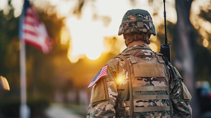 American Soldiers and Flag of USA on background. US Army. Veteran Day,generative ai
