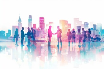 Silhouettes of business people shaking hands and standing in groups with the cityscape behind them convey collaboration among diverse staff Generative AI