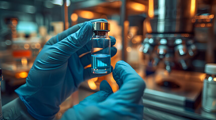 a modern pharmaceutical manufacturing facility, featuring a worker inspecting vials on a production line, set against a backdrop of advanced machinery in a sterile environment.