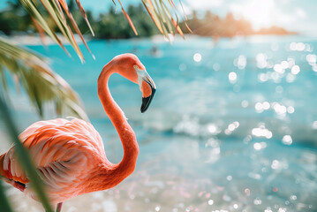 Beautiful pink flamingo in the sea water on Renaissance Island. Sea with beautiful waves and transparent aqua blue water on a background. © Inna