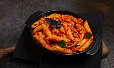 Penne pasta, with shrimp in tomato sauce, close-up, no people,