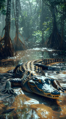 Crocodile Resting on Mudbank in Mangrove Forest: A photo realistic concept illustrating the crucial role of mangrove ecosystems in sustaining apex predators.