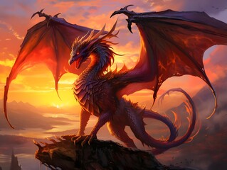 Obraz premium 3D rendering of a fantasy dragon with a beautiful sunset in the background