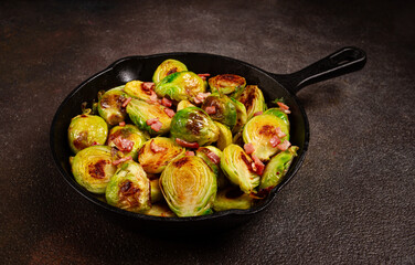 roasted brussels sprouts, with bacon, vegetarian food, homemade, no people,