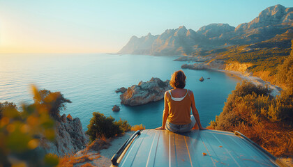 Solitude at sunset: Alone Woman person sits on a van roof, gazing at serene rocky coastal scenery. Tranquil moment, travel adventure, scenic beauty and traveling concept.