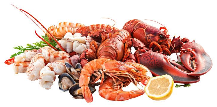 Assorted fresh seafood and fish platter with citrus garnish isolated on transparent background png