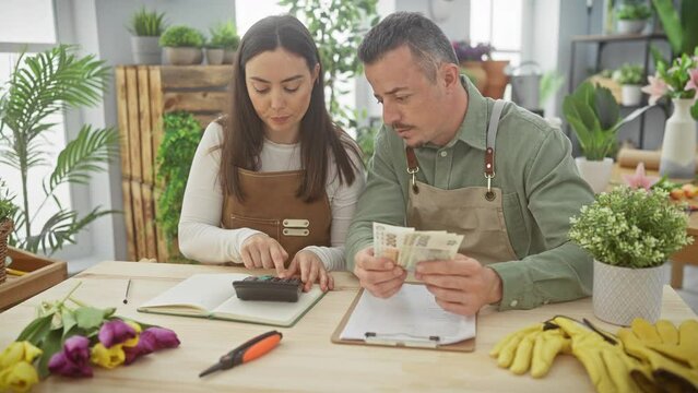 A man and woman, possibly florists, count czech currency in an indoor flower shop with a calculator and fresh flowers on the table.