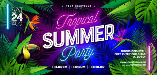 Summer Party Banner Design Template with Glowing Neon Light on Fluorescent Tropic Leaves Background. Vector Summer Celebration Holiday Illustration for Banner, Flyer, Invitation or Celebration Poster.