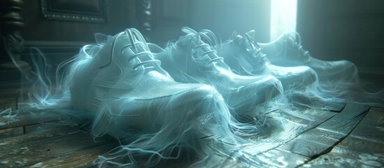 Ghostly Apparition of Ethereal Spectral Shoes Hovering in Misty Otherworldly Realm