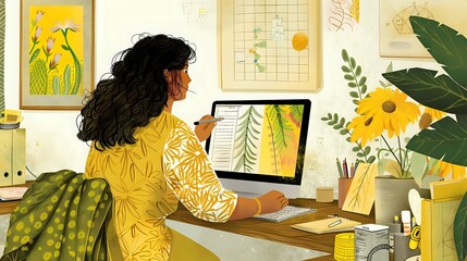 Joyful female at work, surrounded by graphic design tools and materials