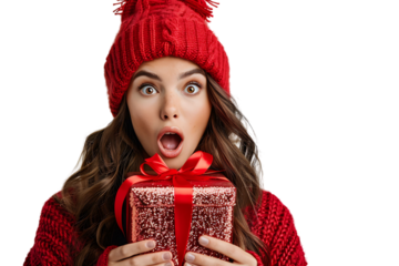 Portrait of surprised woman in red hat holding shiny christmas present on isolated transparent background