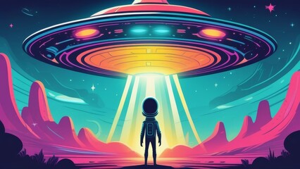Obraz premium The silhouette of an astronaut stands in the beam of a huge flying saucer, a bright cartoon illustration