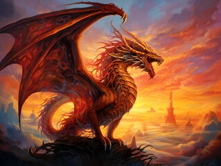 Dragon flying in the sky at sunset - 3D rendered illustration.