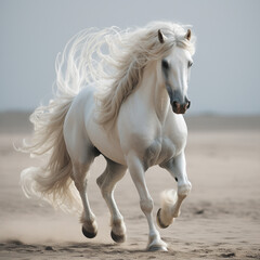 Obraz na płótnie Canvas A white horse with a long flowing mane and tail is galloping across the desert.