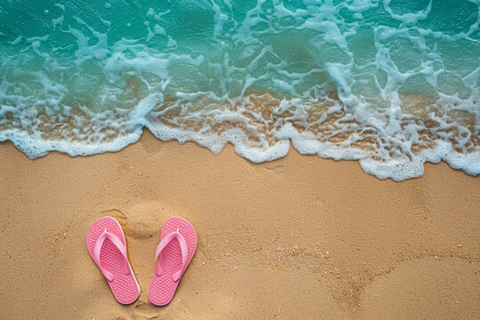 Pink flip flops on a beach sand near the turquoise sea. Sea with beautiful waves and transparent aqua blue water. - Powered by Adobe